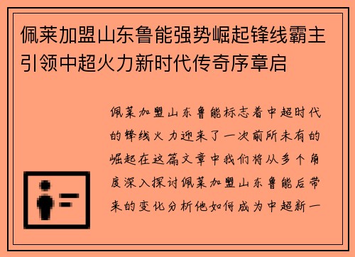 佩莱加盟山东鲁能强势崛起锋线霸主引领中超火力新时代传奇序章启