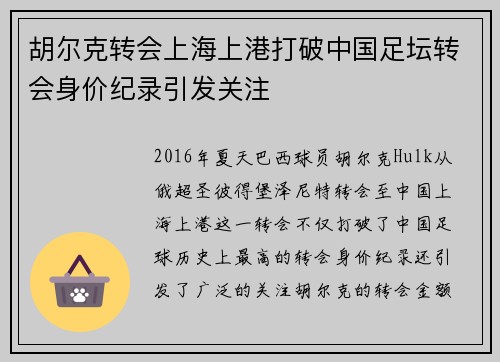 胡尔克转会上海上港打破中国足坛转会身价纪录引发关注
