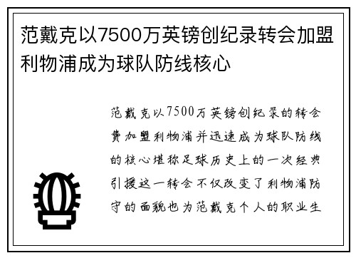 范戴克以7500万英镑创纪录转会加盟利物浦成为球队防线核心